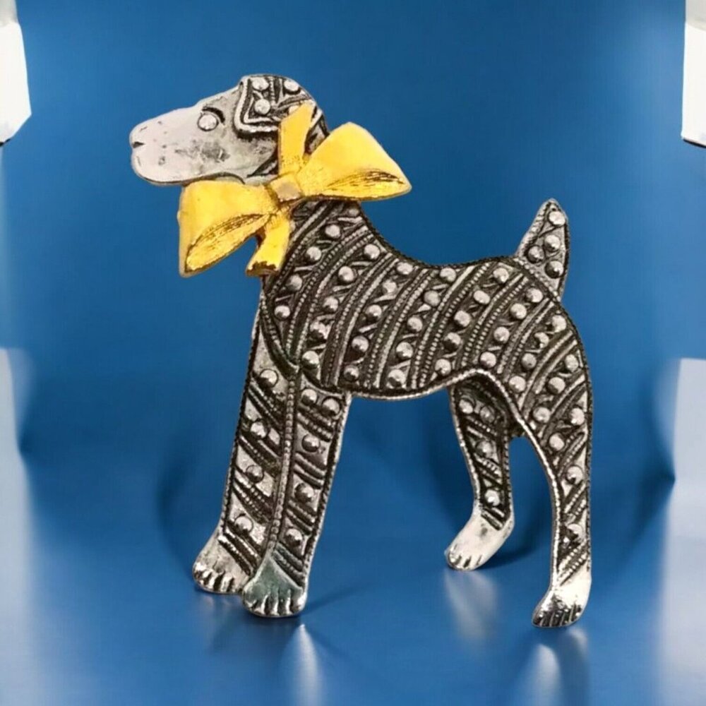 Vtg Multi-metal dog brooch dual gold tone silver tone bow polka dot Terrier